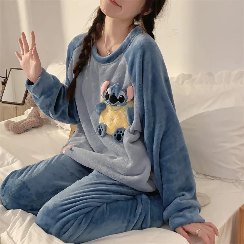 Kawaii Stitch Anime Cartoon Winter Coral Fleece Thicken Pajamas Round Neck Keep Warm Plush Soft Two Piece Set 2024 New Style Hot