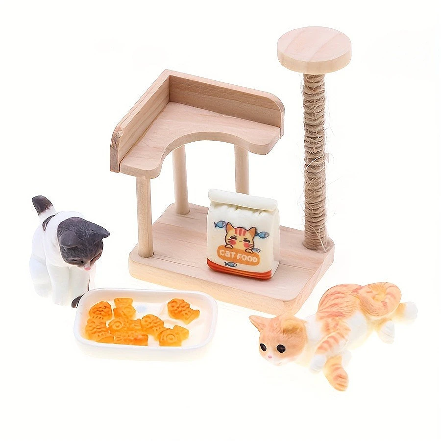 

1set Dollhouse Miniature Cat Set with A 1:12 Scale Wooden Climbing Frame, Food and Fish Models Decoration Playhouse Ornament