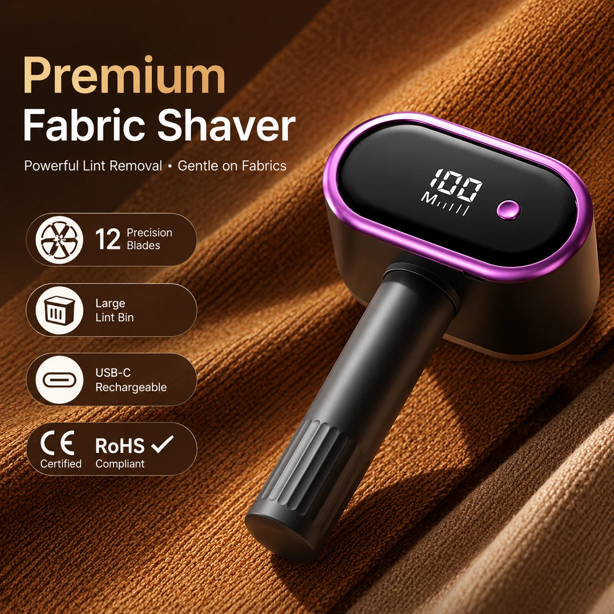 Electric Fabric Shaver Lint Remover USB-C Rechargeable 12 Blades Dual Head Sweater Fuzz Trimmer LED Display for Clothes Portable