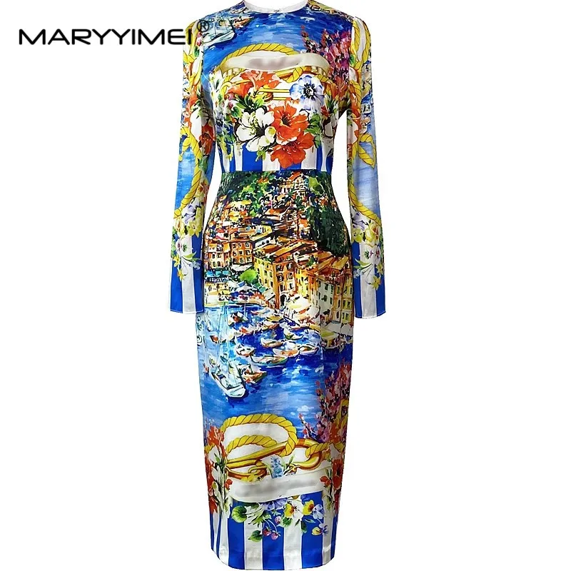 Imagem -05 - Maryyyimei-vestido Lápis de Seda Feminino Estampa Floral Manga Comprida Moda Natalícia Primavera