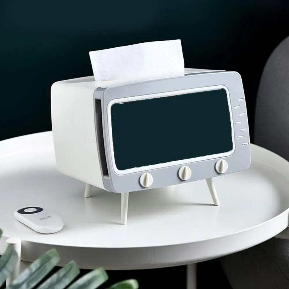 Cute TV Design Tissue Box Holder Multi Functional Square Tissue Box with Phone Holder for All Smartphone Toilet Paper Napkin Box