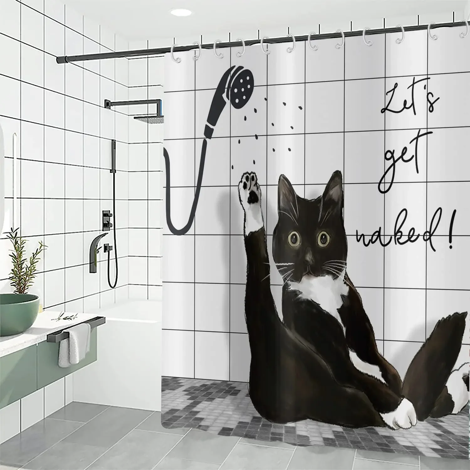 Cool Black Cat Shower Curtain Hippie Bathroom  Gothic Green Background Funny Animal Hipster Art Bathtub Decor with Hook