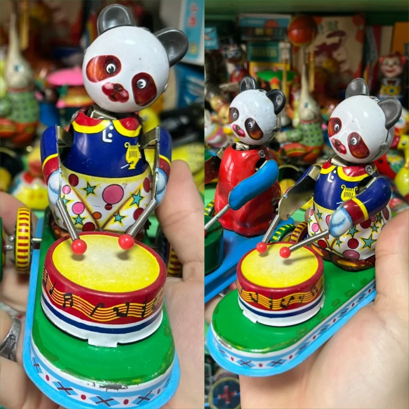 

9.5*6.5*8.5cm Desktop Ornament Metal Tin Rebound Clockwork Toy Cute Drumming Animal Panda Car Model Wind Up Toy Collectibles