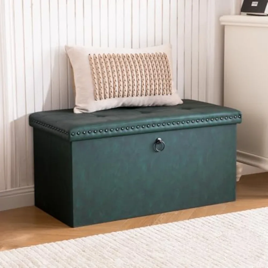 

Складной кожаный пуф-банкетка для хранения с заклепками, 15 дюймов (глубина) x 30 дюймов (ширина) x 15 дюймов (высота), для хранения вещей у изножья кровати