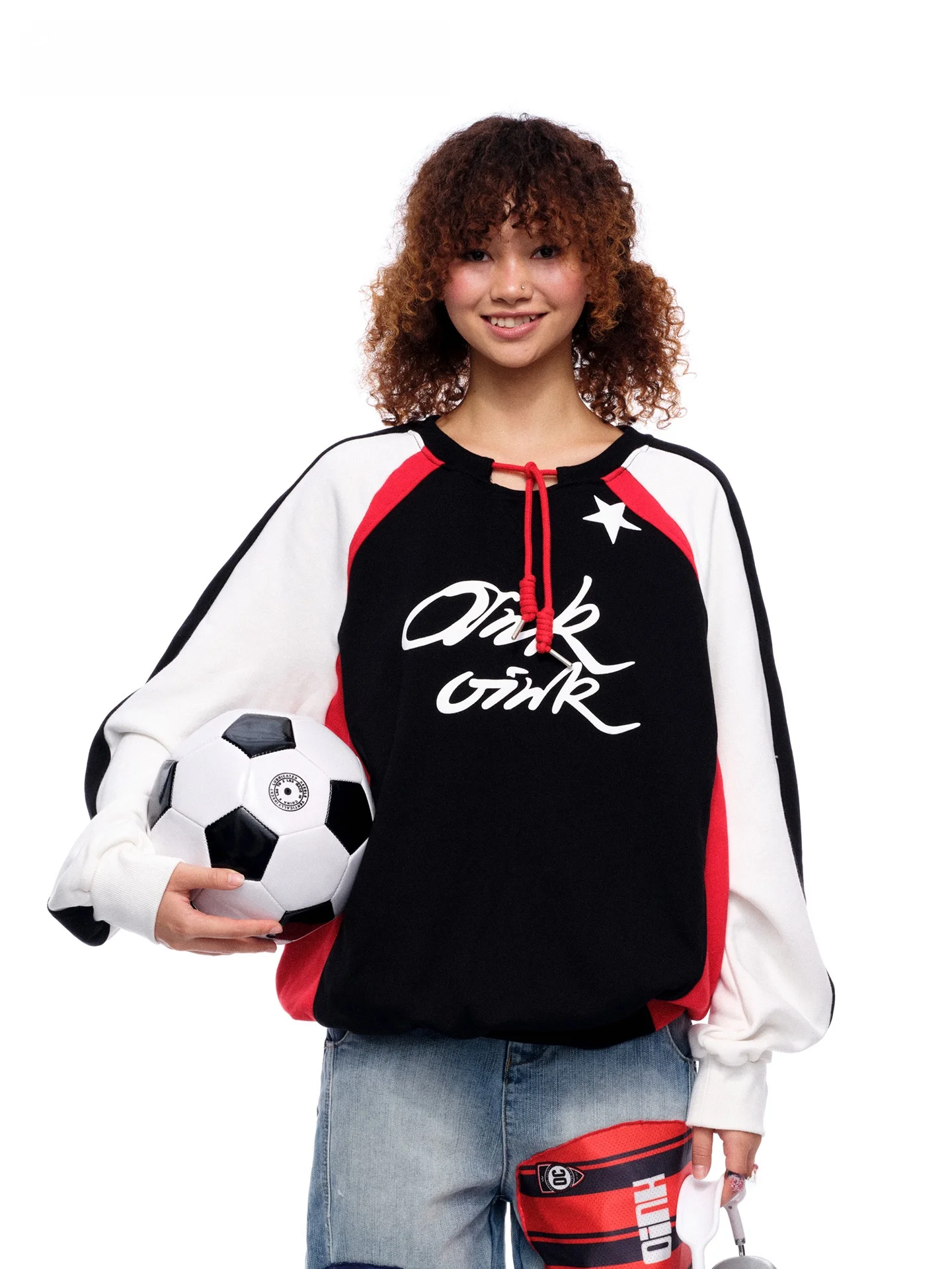 

MOF Girl Red White Bla Print Sweatirt Loose Fit Hoodie Cotton Polyester Blend Long Sve round Ne Commute Sle