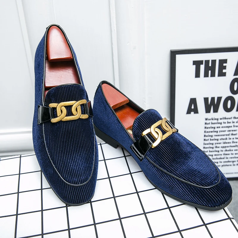 Zapatos mocasines de pana azul de talla grande 38-48, mocasines cómodos sin cordones para hombre, decoración con hebilla, zapatos planos de diseñador para hombre