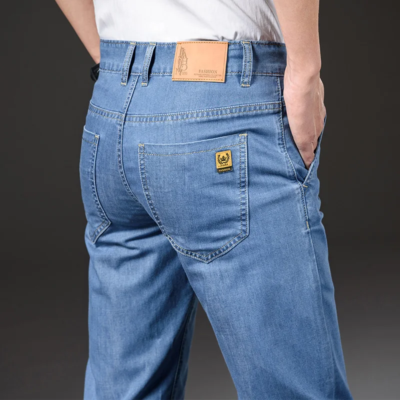 

2026 Summer Brand High Waist Slim Straight Men's Modal Lightweight Stretch Jeans Classic Badge Business smart Casual Thin Pants