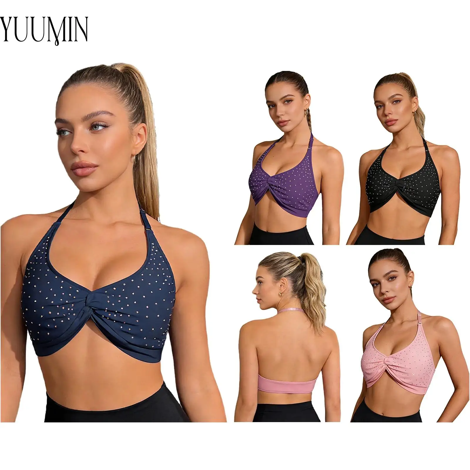 

Womens Yoga Gym Bra Top Adjustable Halter Deep V Bra Removable Padded Sports Bra Knot Front Shiny Rhinestones Workout Crop Top