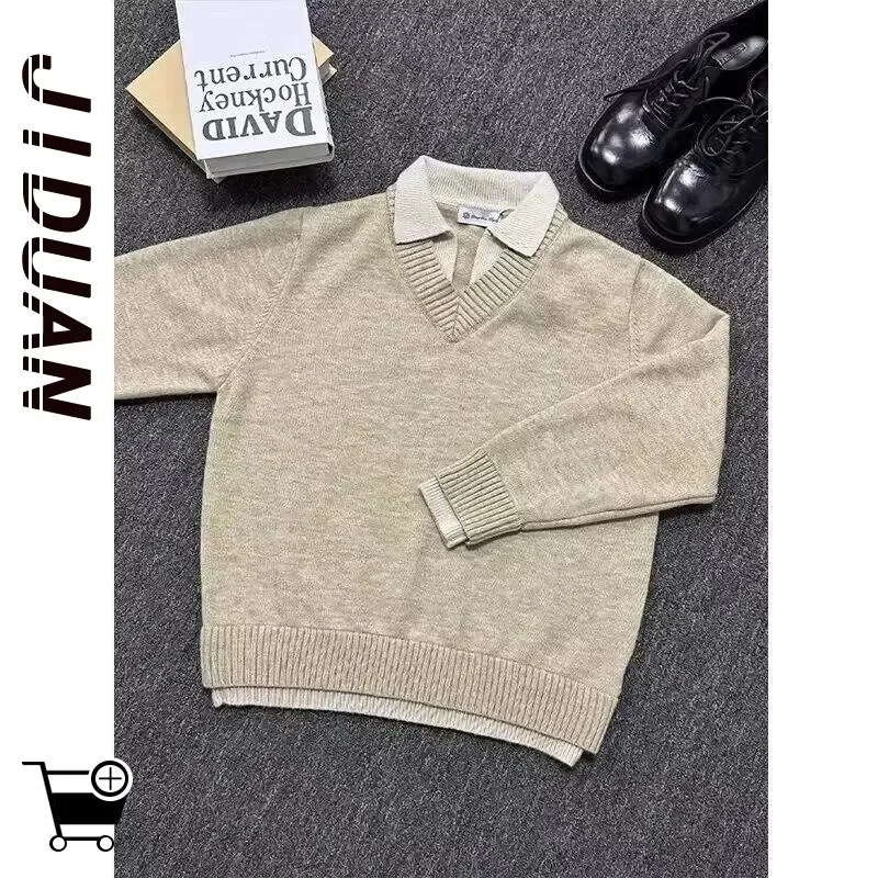 American Retro Fake Two-piece Sweater Men's Winter Lapel Inner Base Knit Oversized Polo Collar Loose Fit Casual V-Neck Pullover