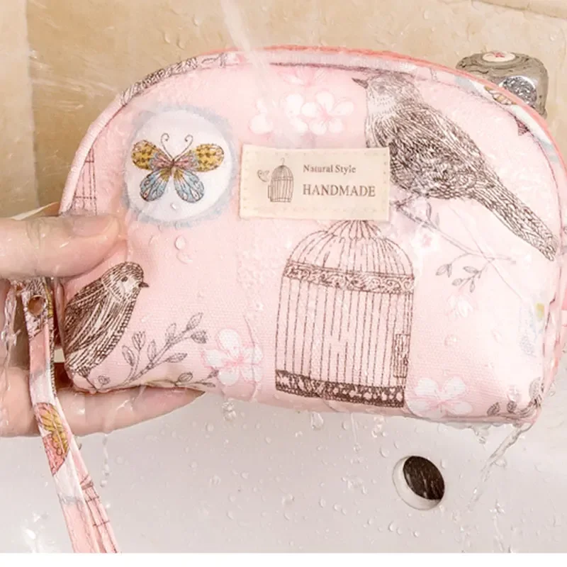 Polyester Rose Flower Bird Pattern Women Cosmetic Bag Toiletries Storage Organize Waterproof MakeUp Bag Portable Wash Bag