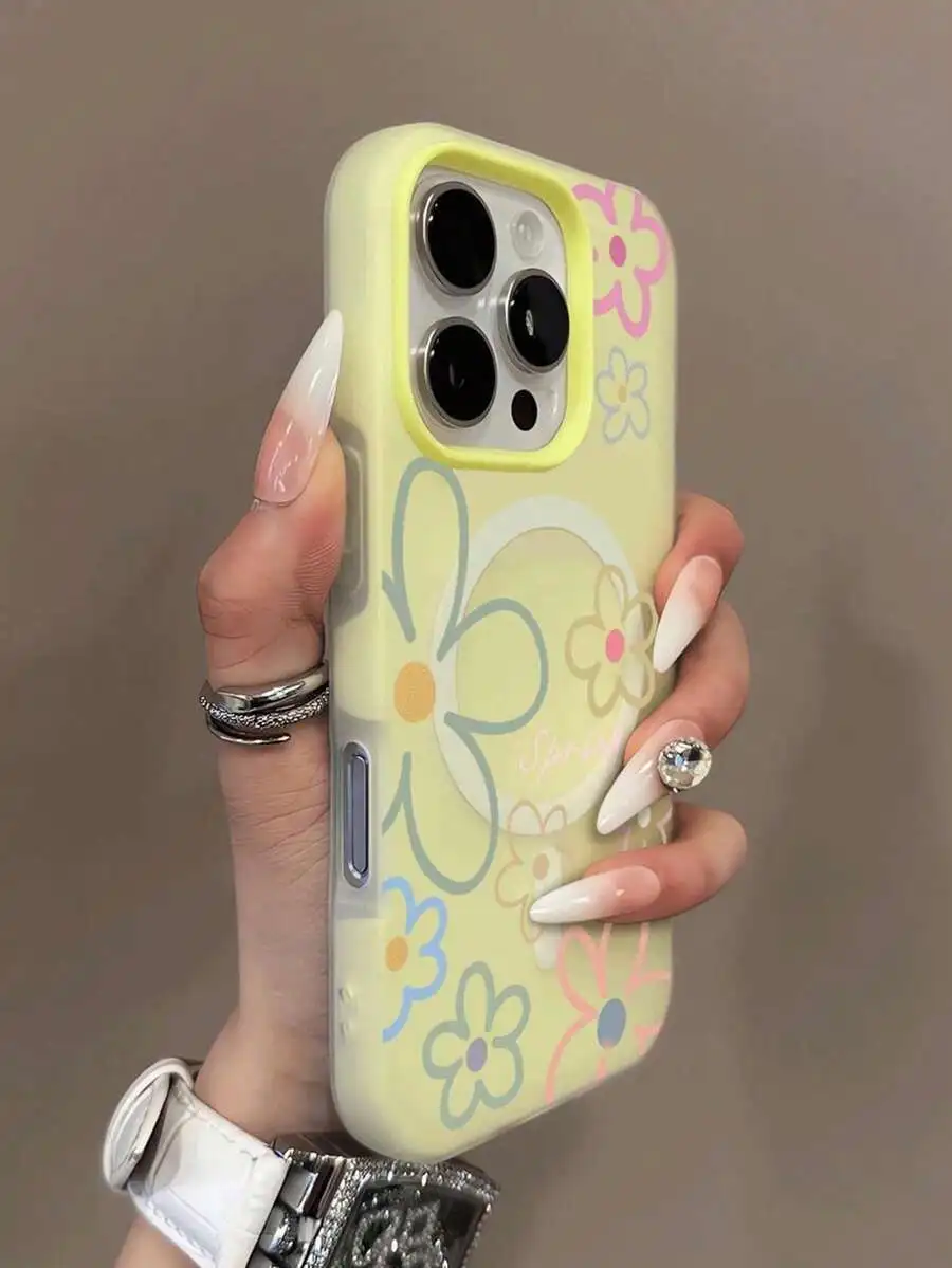 

Flower Element Fashion Phone Case Shockproof Fashion 1pc Spring Flower Pattern Jelly 2-In-1 Magnetic Phone Case Compatible With