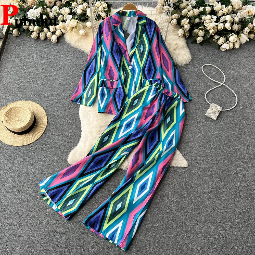 

Geometric Camouflage Printed Outfits Women Casual 2025 Chic Two Piece Sets Full Sleeve Thin Blazer Coats and Wide Leg Pants Suit