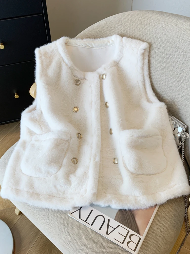 

New Winter Fashion Women Double Breasted Pocket Vest Jacket Korean Casual Thick and Warm Women's Sleeveless Cardigan Top