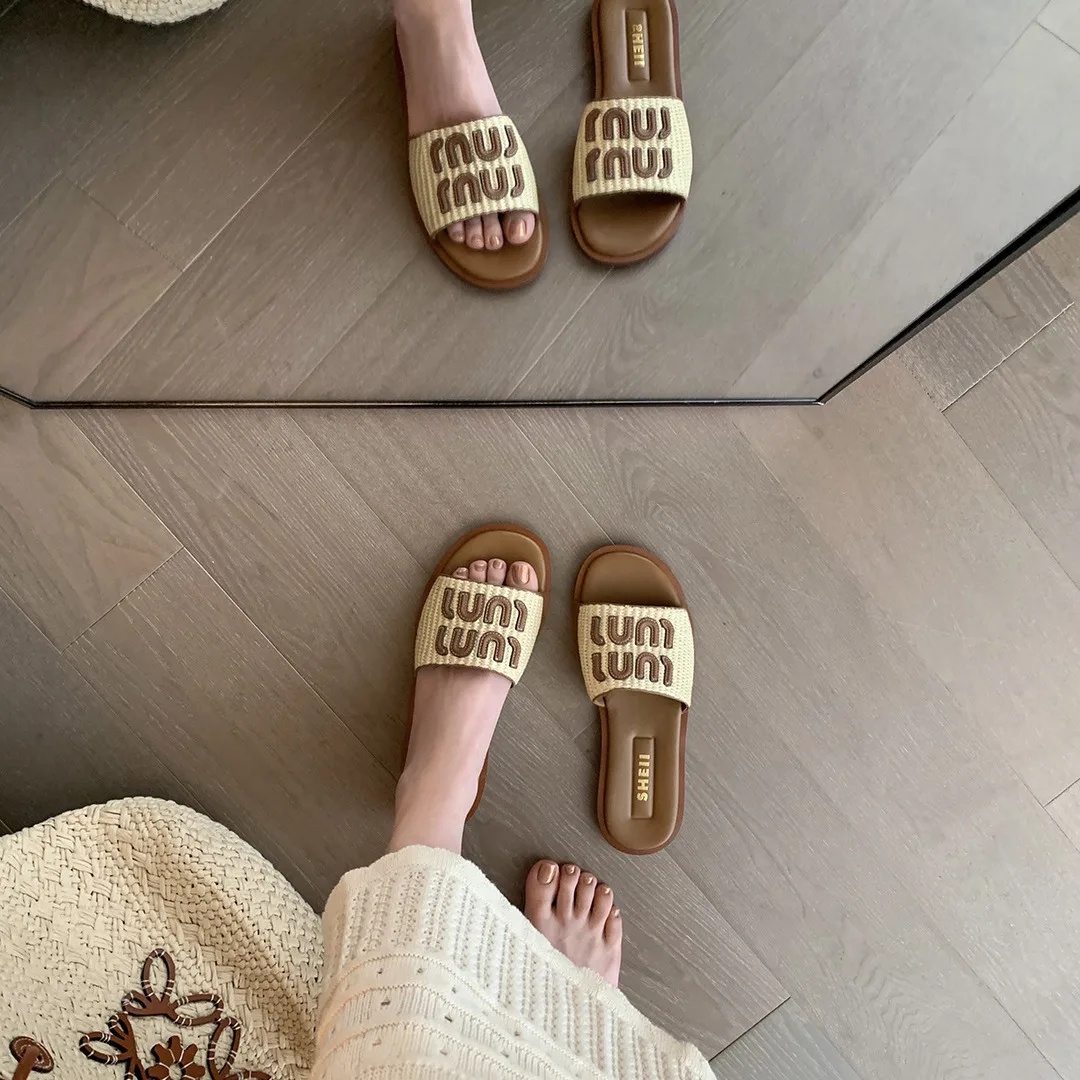 المحطة الأوروبية 2025 صيف جديد وصول المنسوجة خط واحد النعال للنساء أبلى عادية مضفر الشقق صنادل شاطئ للنساء #3