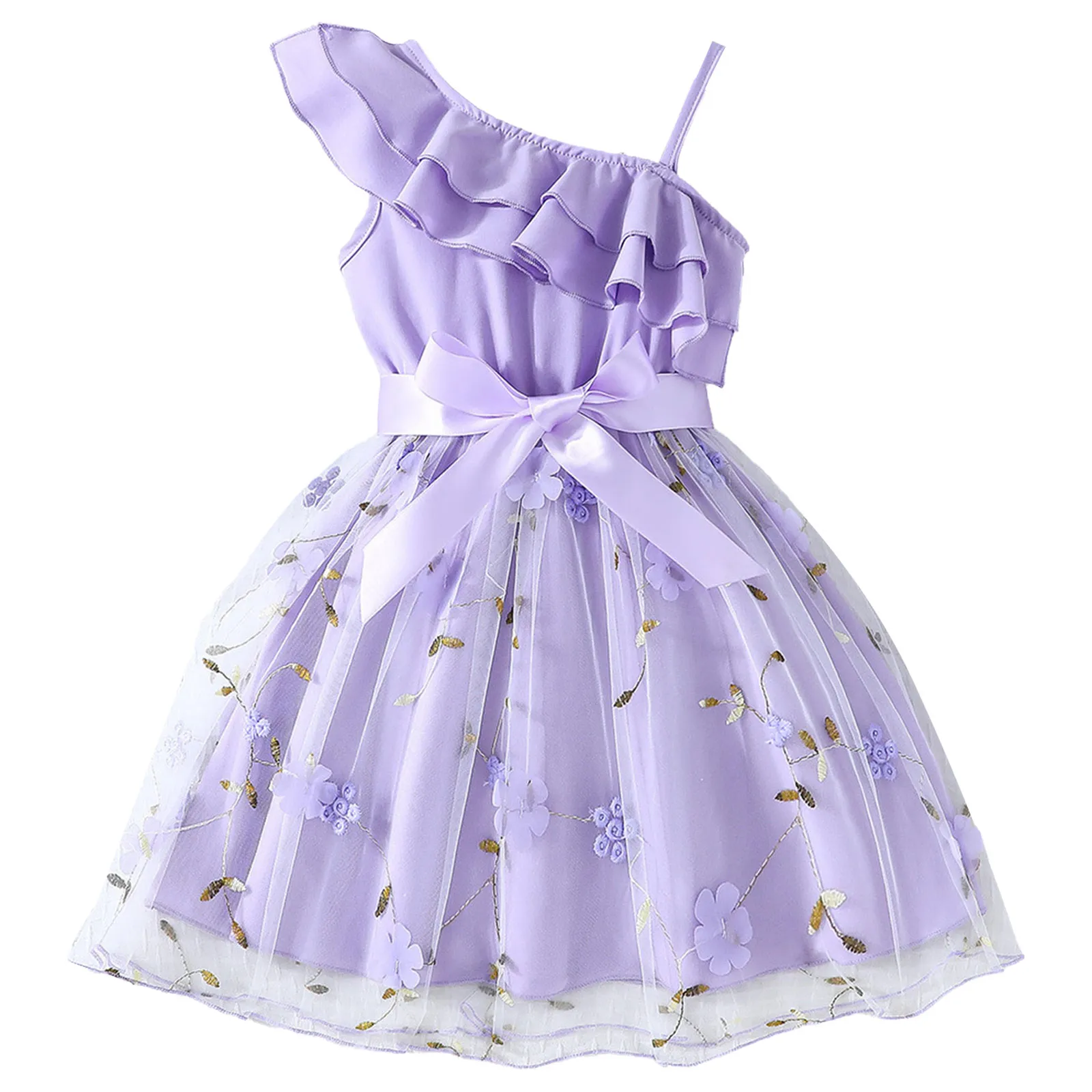 

Baby Girls Lotus Party Dress Spaghetti Strap Sleeveless High Waist Tulle Gown with Flower Embroidery Belt for Pageant Banquet