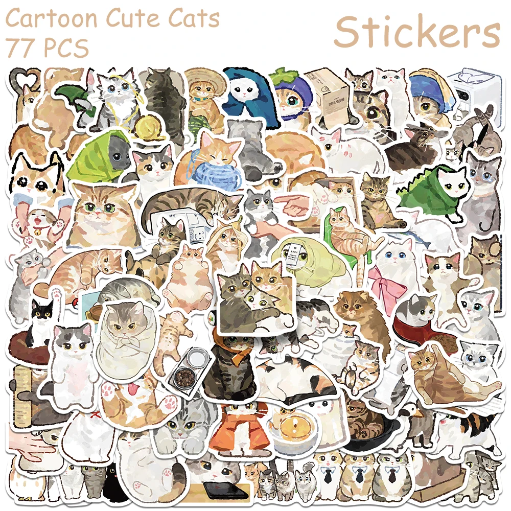 77pcs Cartoon Cute Cats Stickers Kawaii Decals For Phone Laptop Suitcase Refrigerator Skateboard DIY Creative Stickers Gifts
