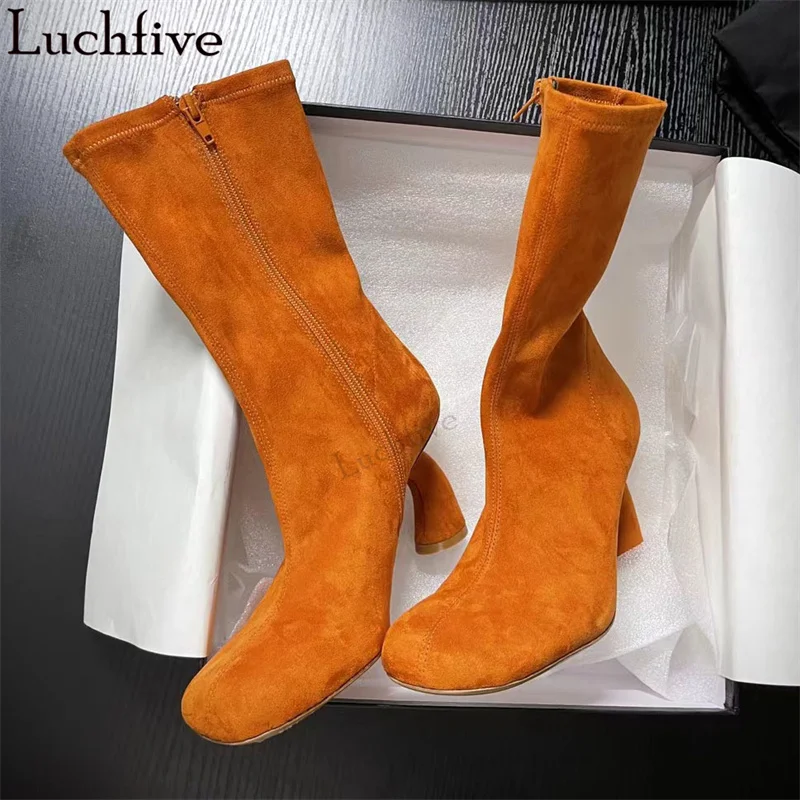 

Round Toe Horseshoes Heel Mid Calf Boots Women Slim Chelsea Short Boots Feminine 2024 Winter New Sexy Fashion Week Boots Woman