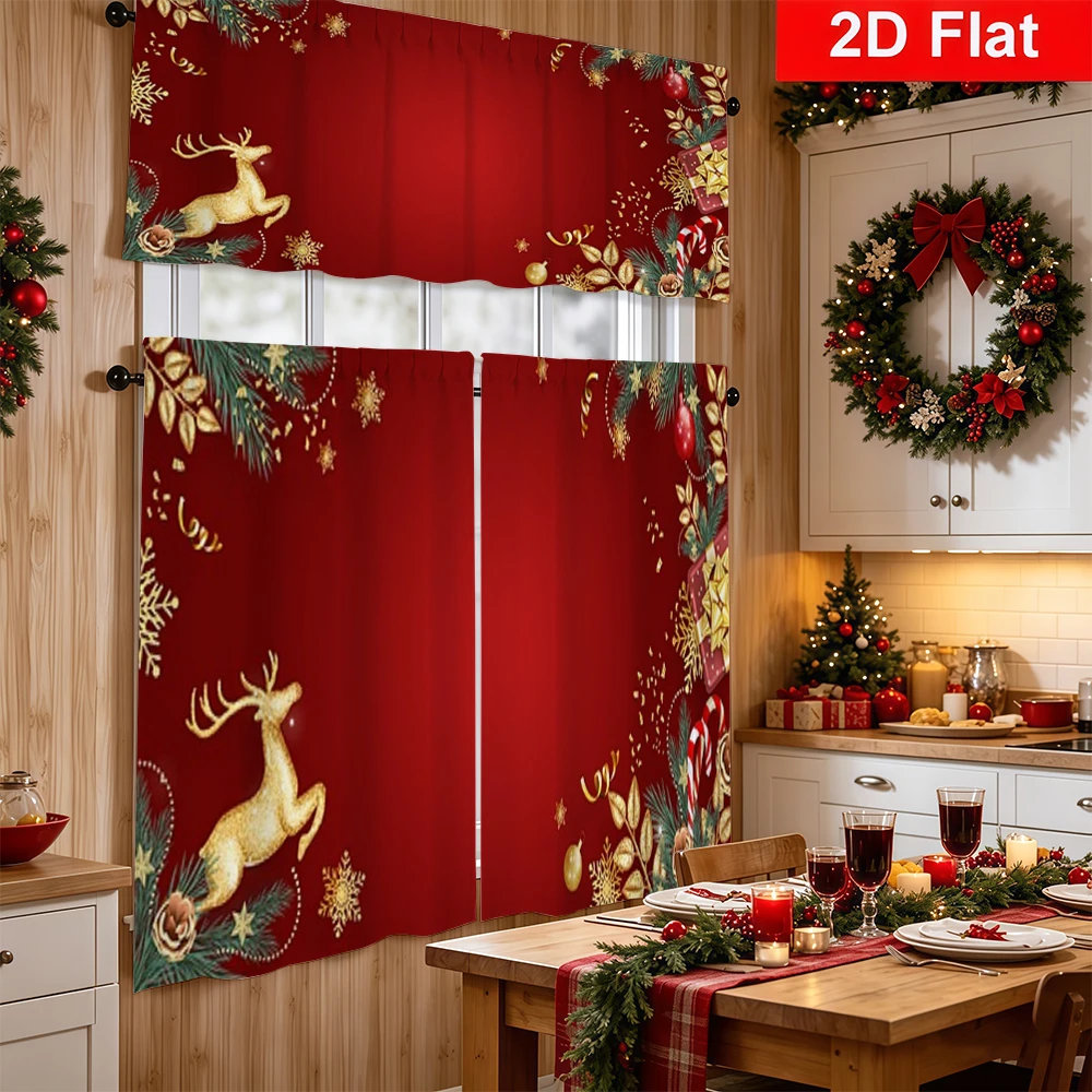 Christmas Kitchen Curtains, Golden Reindeer Pine Gift, Digital Print, Kitchen Dining Room, Rod Pocket Polyester, Home Decor