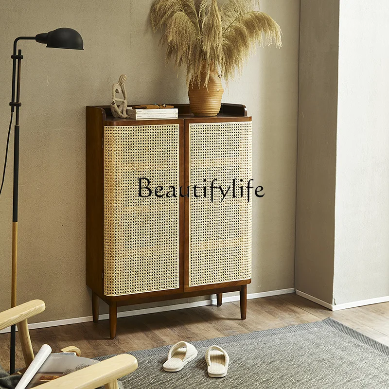 Sapateira de madeira maciça Rattan, Entrada Storage Locker, Apartamento pequeno