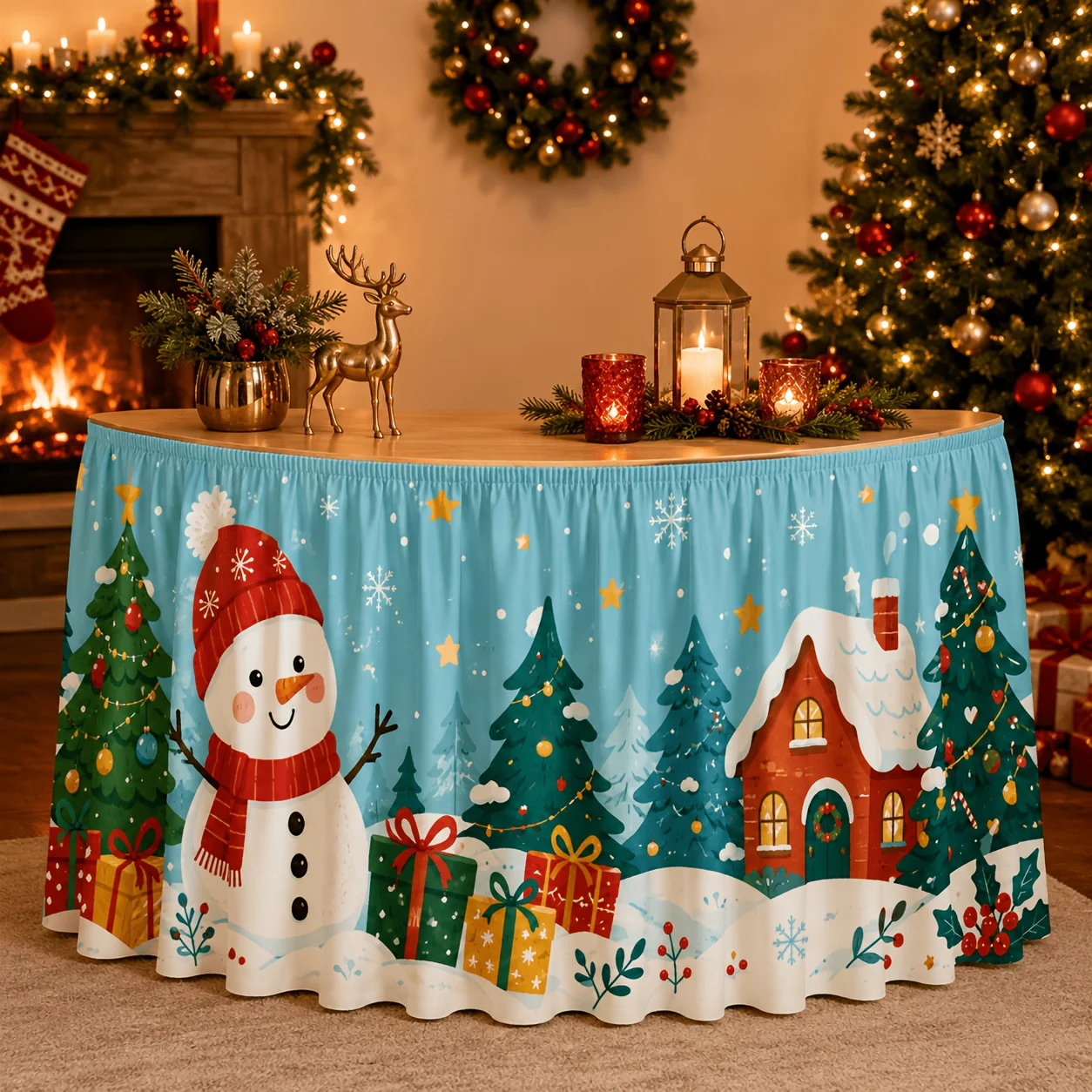 1 piece table cover table skirt, snowman snow hut decoration Christmas tree gift box, holly star snowflake cartoon print