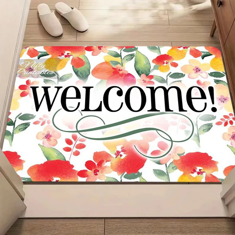 Black Pink Rose Border Welcome Text Gold Foil Floral Entrance Mat Non-Slip Doormat for Front Door Porch Romance