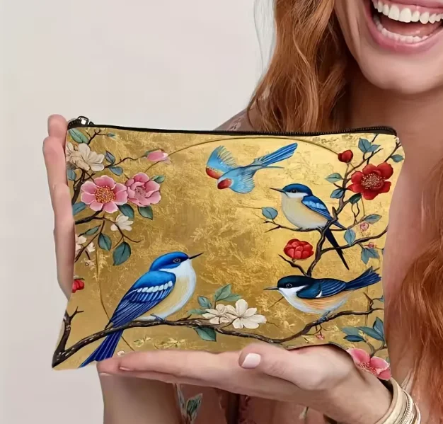 Lightweight, Foldable Floral Bird Pattern Fabric Makeup Bag  Zippered Cosmetic Pouch with Golden Background Design