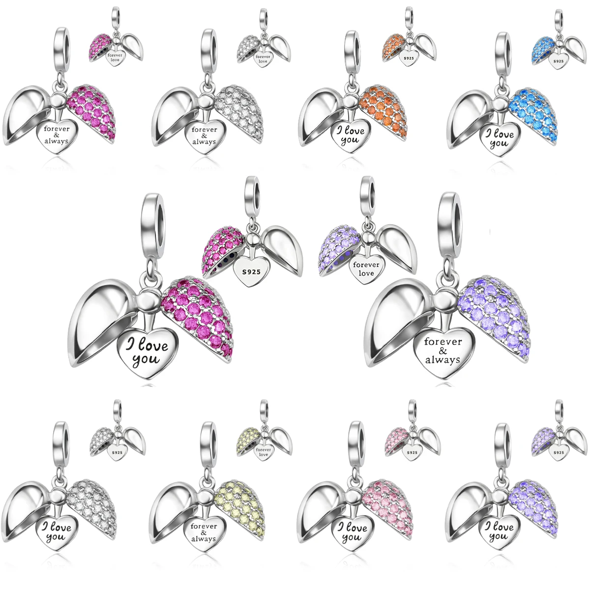 

New Original 925 Sterling Silver Colored Heart Shape Open and Close Charms Fit Pendant Bracelets Necklace Women DIY Fine Jewelry