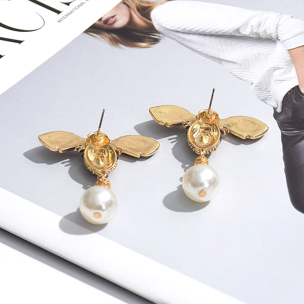 New Retro Crystal Insect Bee Dangle Earrings for Women Vintage Imitation Pearl Drop Earrings Party Jewelry Accessories