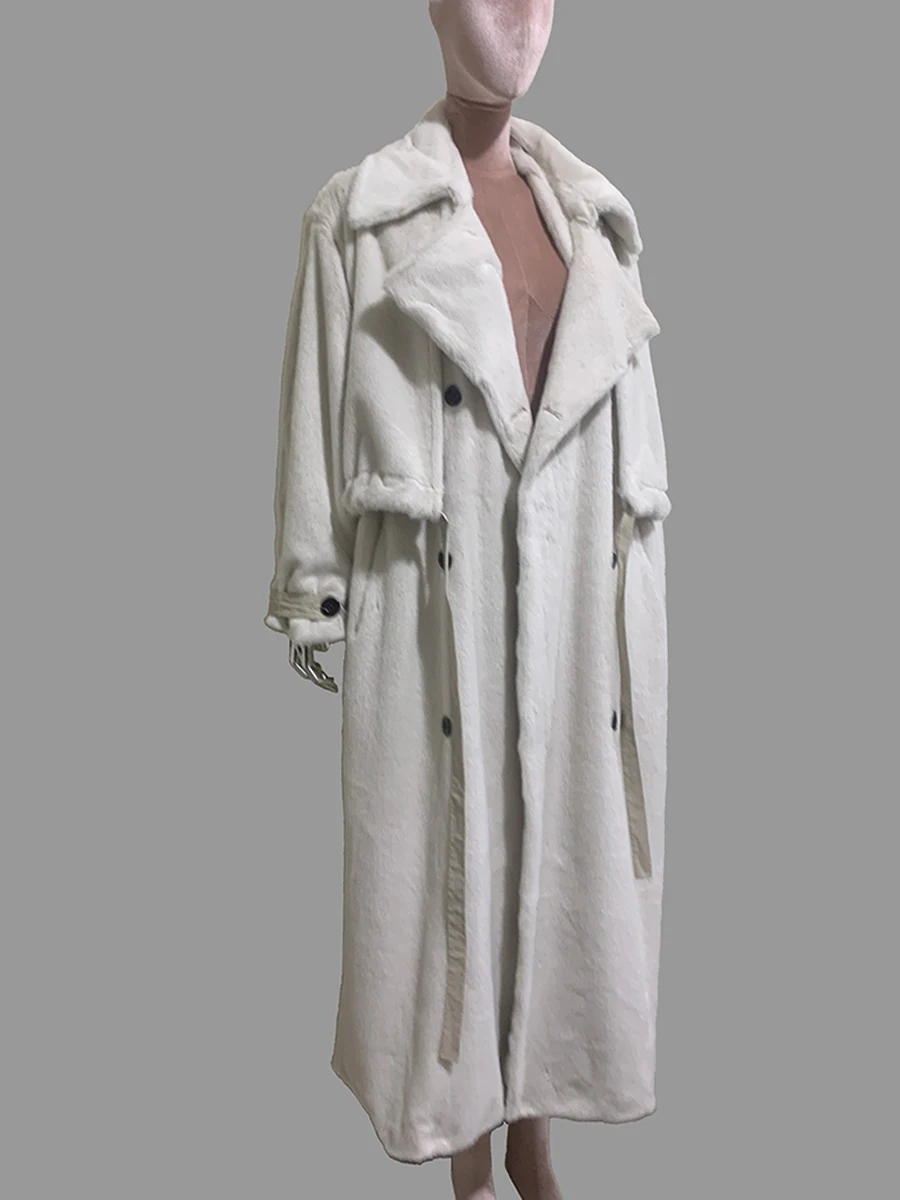 Nerazzurri Autumn Winter Oversized Long Fluffy Warm Soft Faux Mink Fur Coat Women Drawstring Double Breasted Furry Overcoat