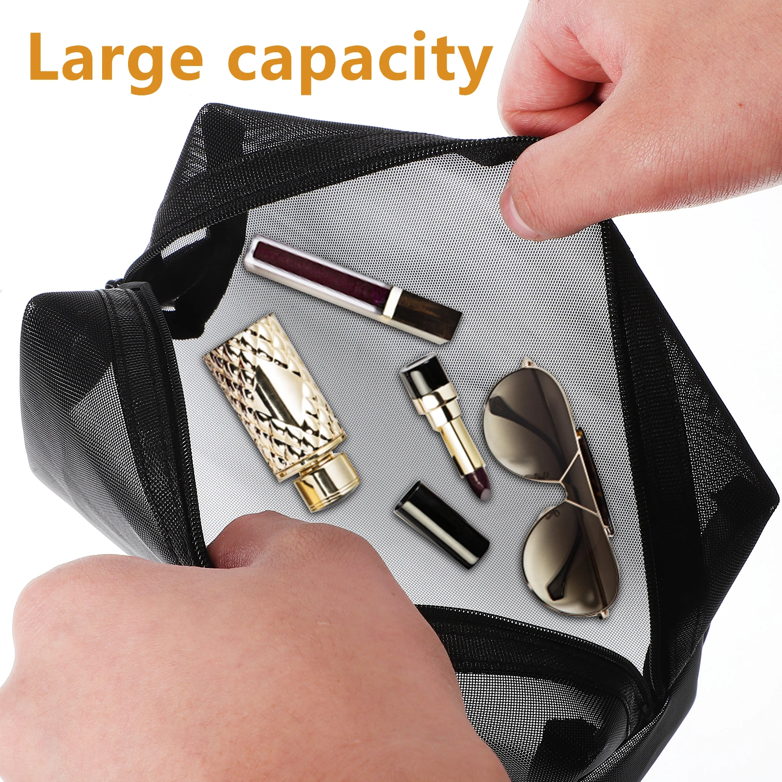 

3 pcs Black Mesh Bags Set Zipper for Travel Toiletry Storage Pouches Makeup ganizers Large Capacity Nylon Material