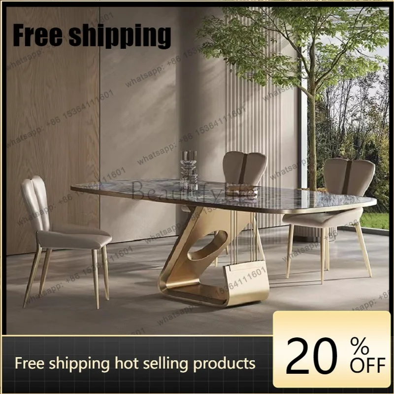 HJ Light luxury microcrystalline stone dining table, simple large-sized household rock slab stainless steel dining table