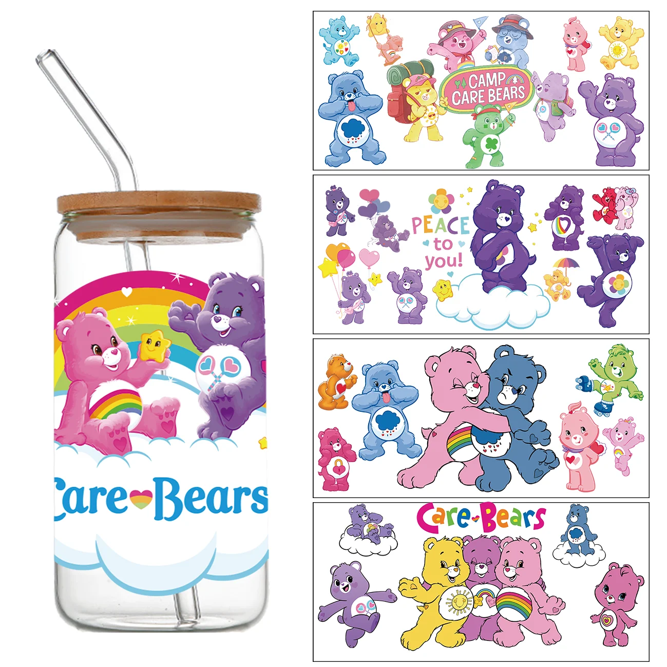 Carebears Cartoon Pattern DIY Selfadhesive Waterproof Sticker Care Bear16oz DTF Cup Sticker Personalize UV Wrap Transfer Sticker