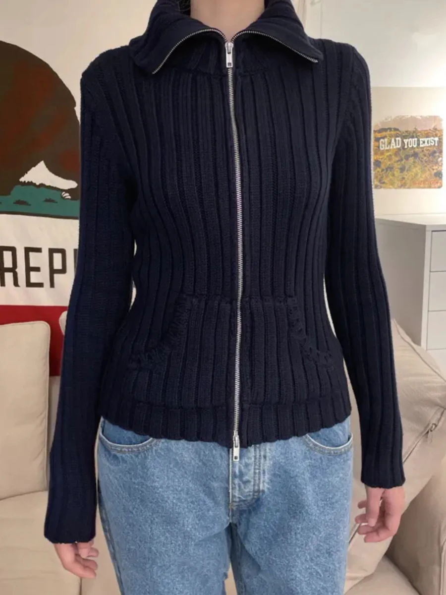 Navy Knitted Cardigan Sweater Women 2023 Autumn Clothes Long Sleeve Lapel Zipper Coat Streetwear Fashion Slim Sweaters Y2K Tops