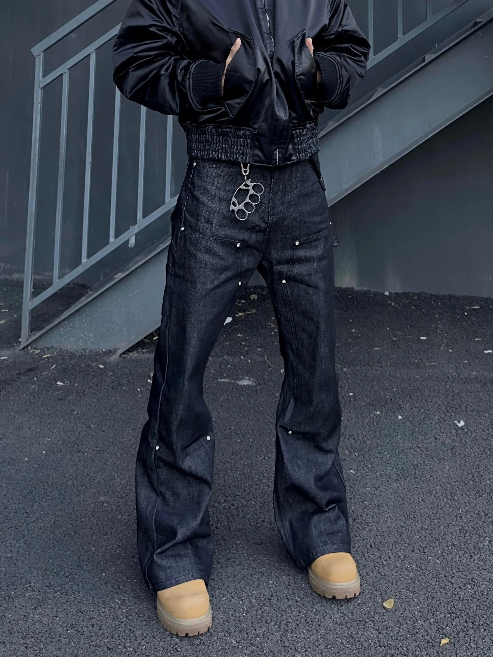 

American High Street Vibe Heavyweight Original Cowhide Splicing Rhinestone Micro Flared Jeans Men Slimming Workwear Pants