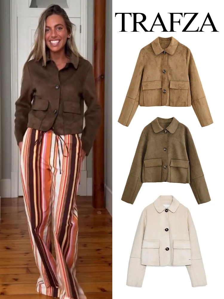 

TRAFZA Female Autumn Fashion Lapel Single-breasted Reverse Velvet Effect Jacket Female Vintage Pockets High Street Casual Coats