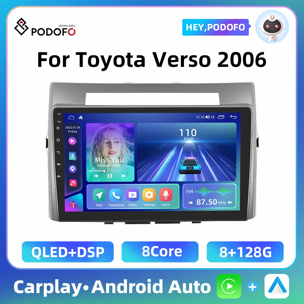 Podofo 9 Inch 2 Din Car Stereo For Toyota Verso 2006 Android Multimedia Video Player Carplay Auto GPS 8Core 8+128G AHD Bluetooth