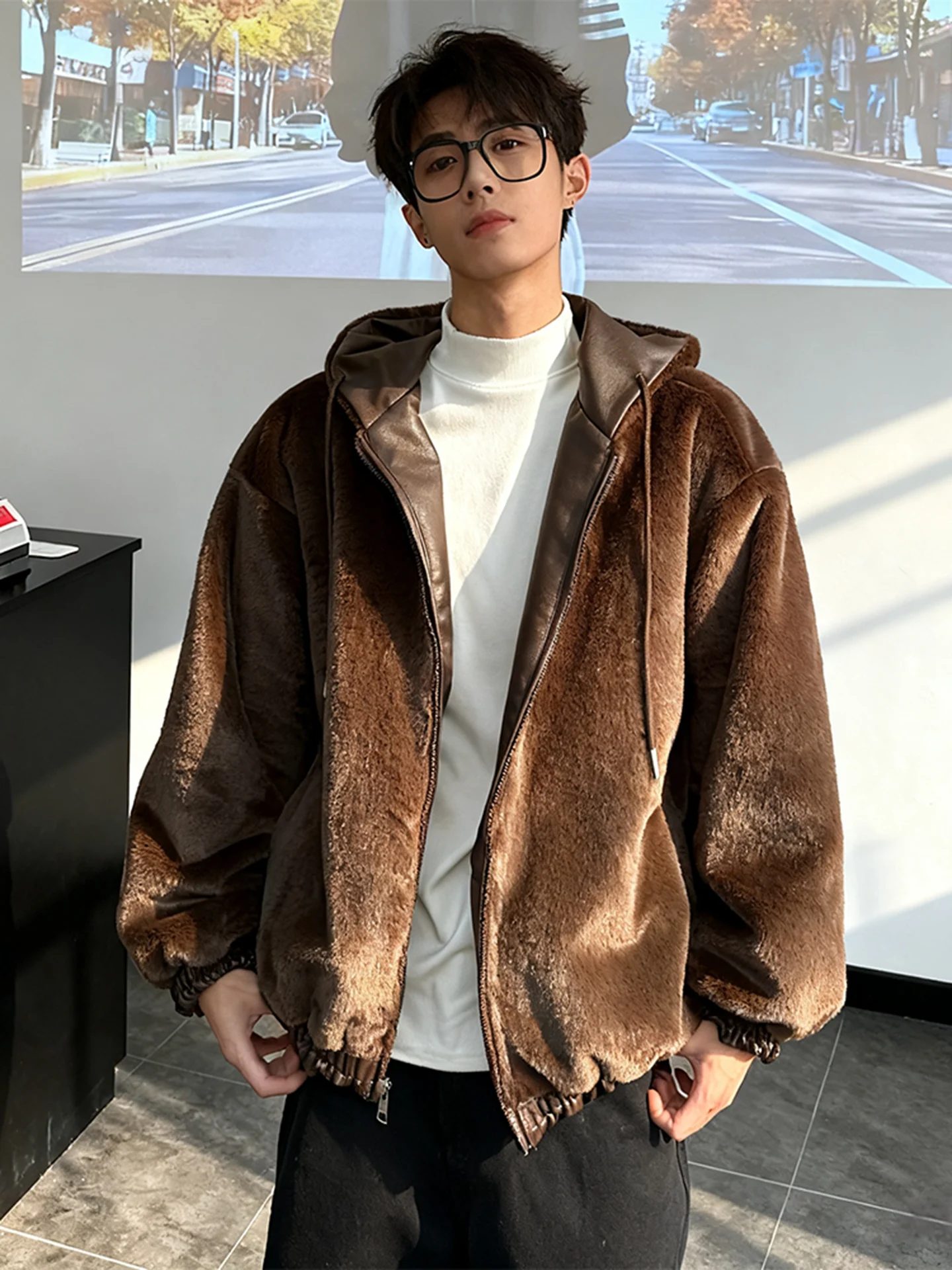 

Мужская двусторонняя куртка из искусственной кожи, утепленная зимняя куртка с капюшоном, теплая двухцветная повседневная куртка на молнии с длинными рукавами