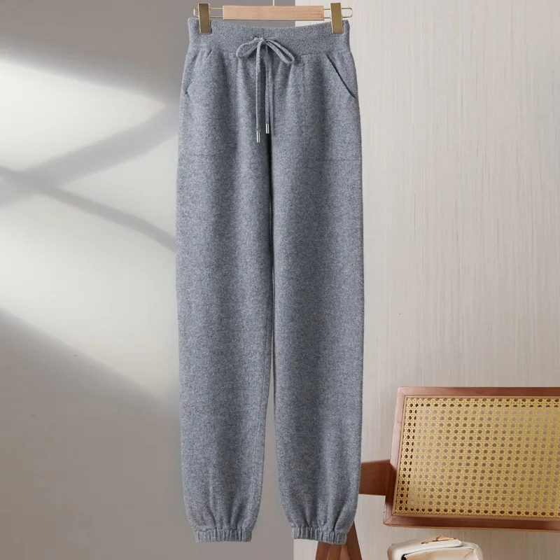 

Women' Autumn Winter New Cashmere High Waist Trousers Casual Loose Tight Waist Pants Draw String Straight Pants Wool Knit