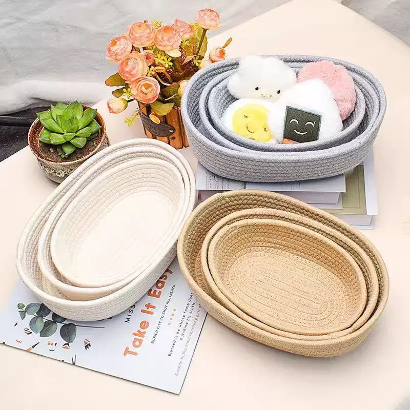 1PCS Storage Basket Cotton Thread Material Storage Basket Thick Rope Woven Cotton Thread Oval Storage Basket  Wear‑resistant