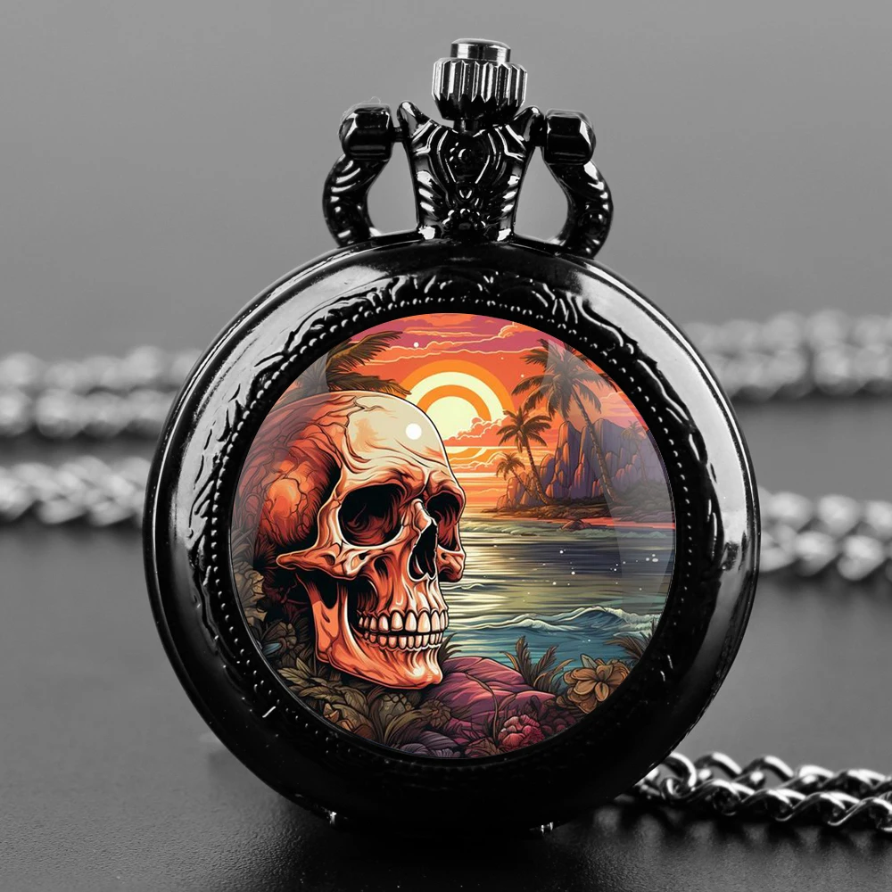 

Seaside Sunset Skeleton Quartz Pocket Watch Exquisite Pendant Necklace Watch for Children Men and Women Halloween Theme Gifts