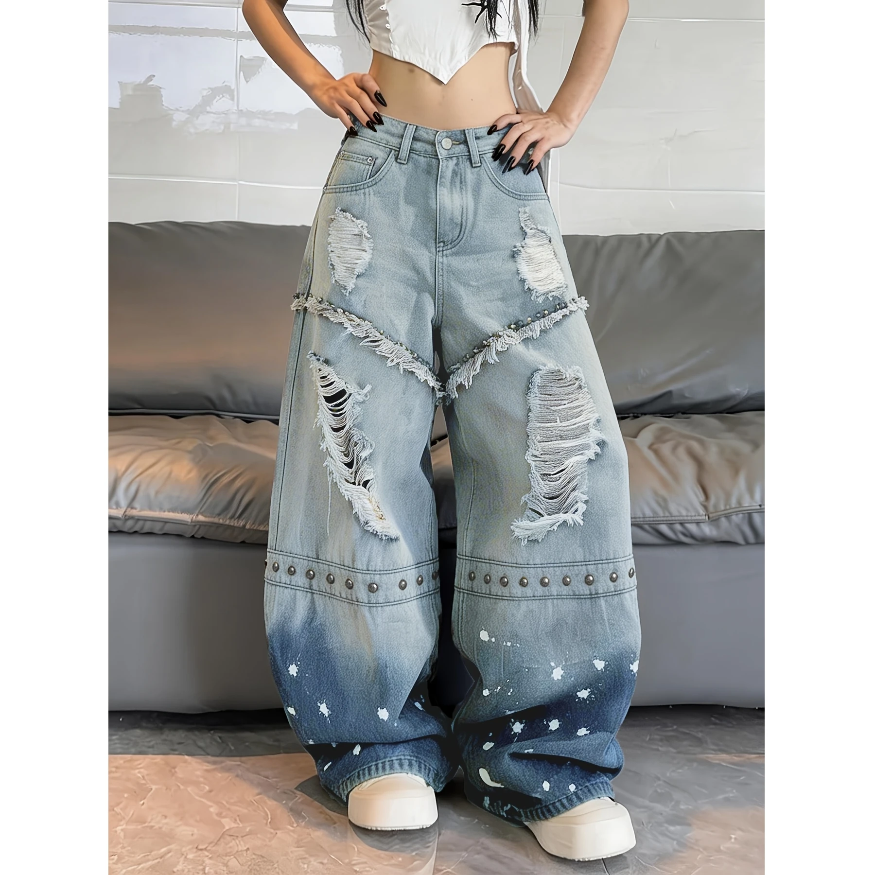 Women's Jeans Womens Pants Casual Loose Fit Ripped Denim Wide Leg Pants With Patchwork Frayed Hem And Rivets Street Fashion