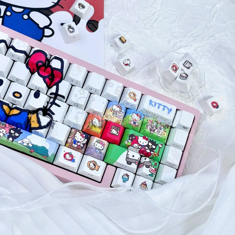 130 Keys Kawaii HelloKitty Themed Keycaps Set for Mechanical Keyboards Heat-sublimation PBT Material Keycaps Durable Keycap
