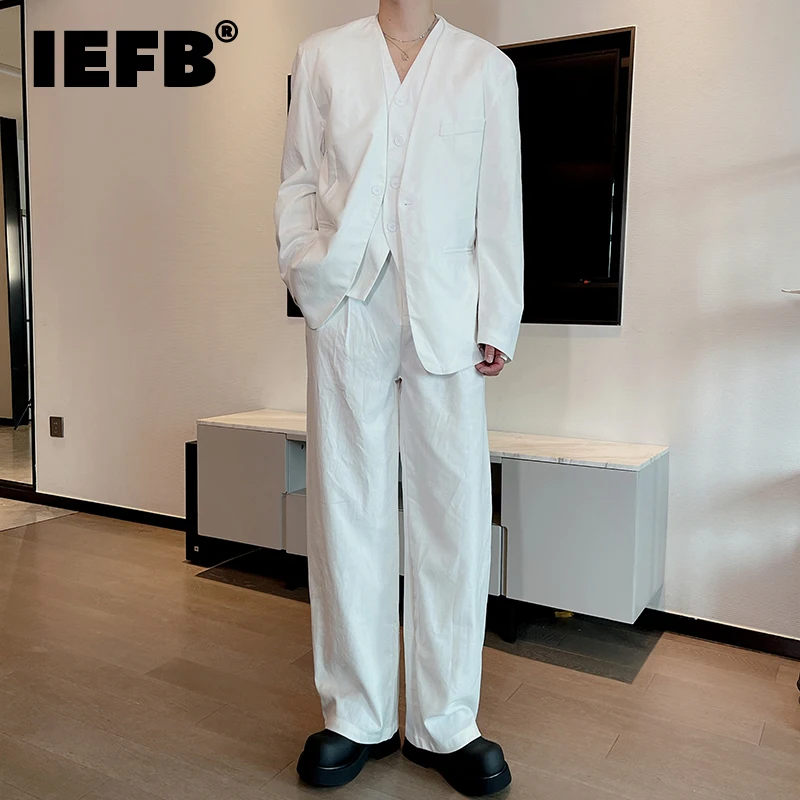 IEFB Simple Men's Three-piece Single Breasted Sleeveless Vest Single Button V-neck Blazer Straight Leg Solid Color Pants 9C7658