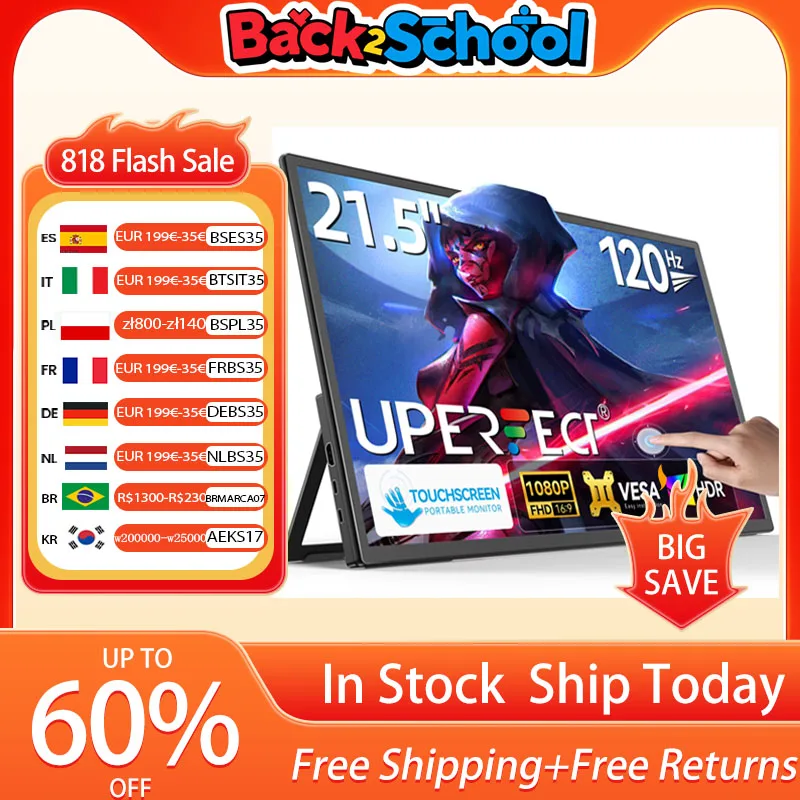 

UPERFECT 21,5 "120 Гц сенсорный портативный игровой монитор для ноутбука и ПК дисплеи FHD 1300:1 с динамиками VESA для ТВ, планшета, Mac, телефона