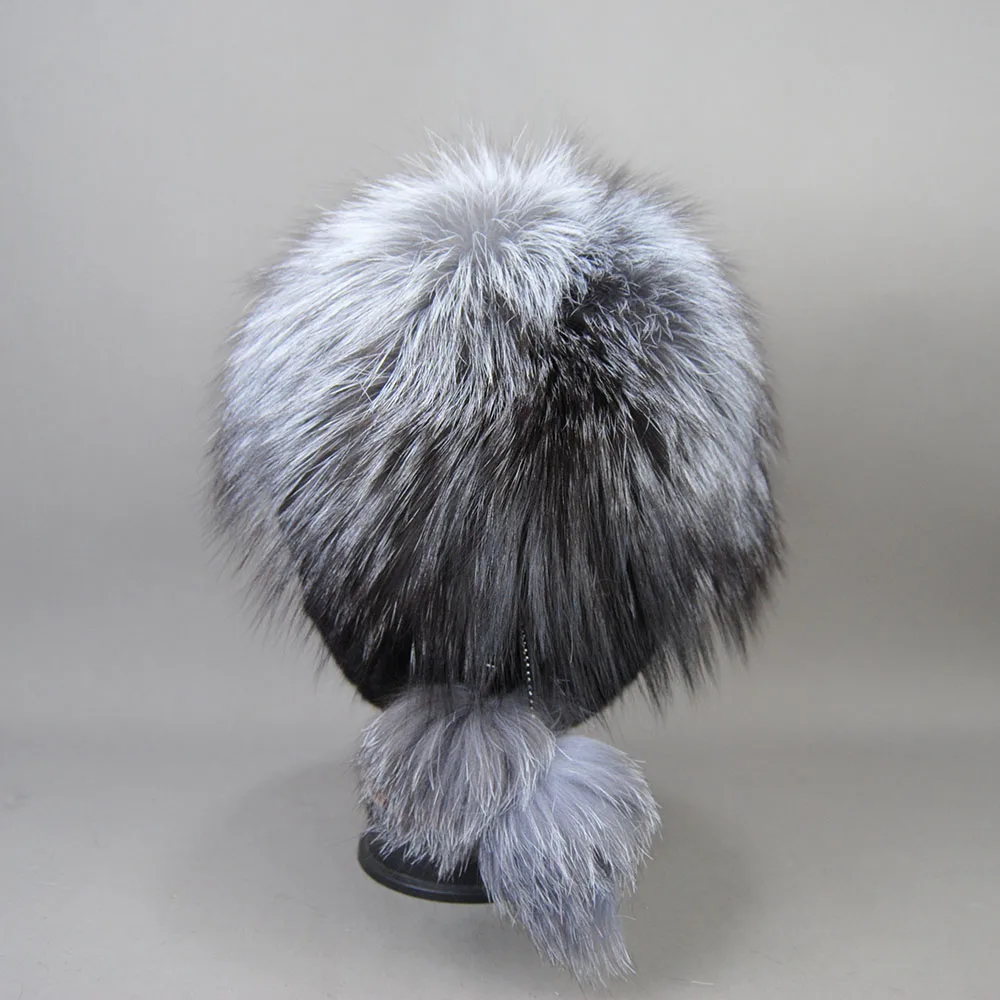 Winter Female Real Natural Mink Fur Fox Hat For Women Thicken Silver Fox Fur Warm Casual High Quality Girl Knitted Bobble Cap