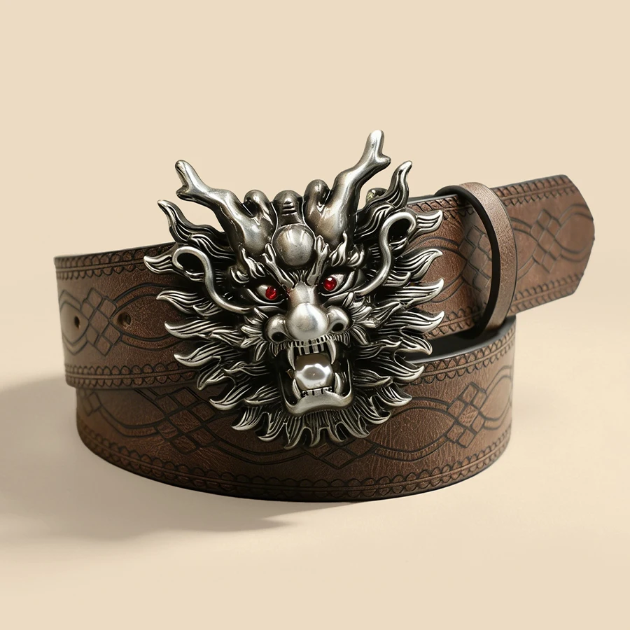 Chinese Dragon Head Buckle Belt Brown Embossed Unisex Vintage Waistband Retro Distressed Decorative Accessory - view 2
