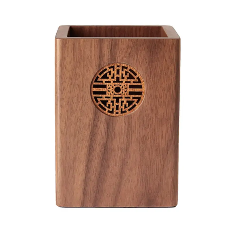 ✨Premium North American Black Walnut Pen Holder with Chinese Lattice, Minimalist Wooden Office Storage for Scandinavian Home