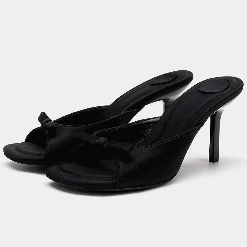 

Черные туфли-мюли на тонком каблуке с декором в виде банта, летняя коллекция, элегантные туфли для женщин, для ношения на улице