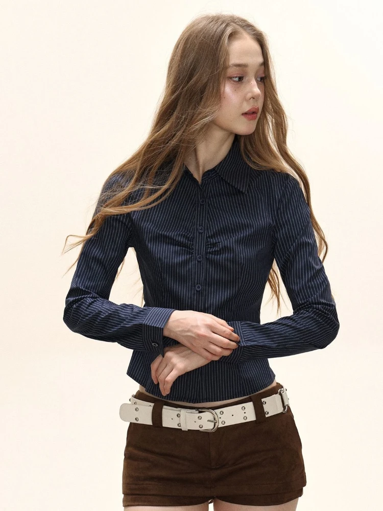 Deeptown Blue Striped Crop Shirts Women Vintage Elegant Long Sleeve American Style Blouses Slim  Aesthetic Old Money Office Lady
