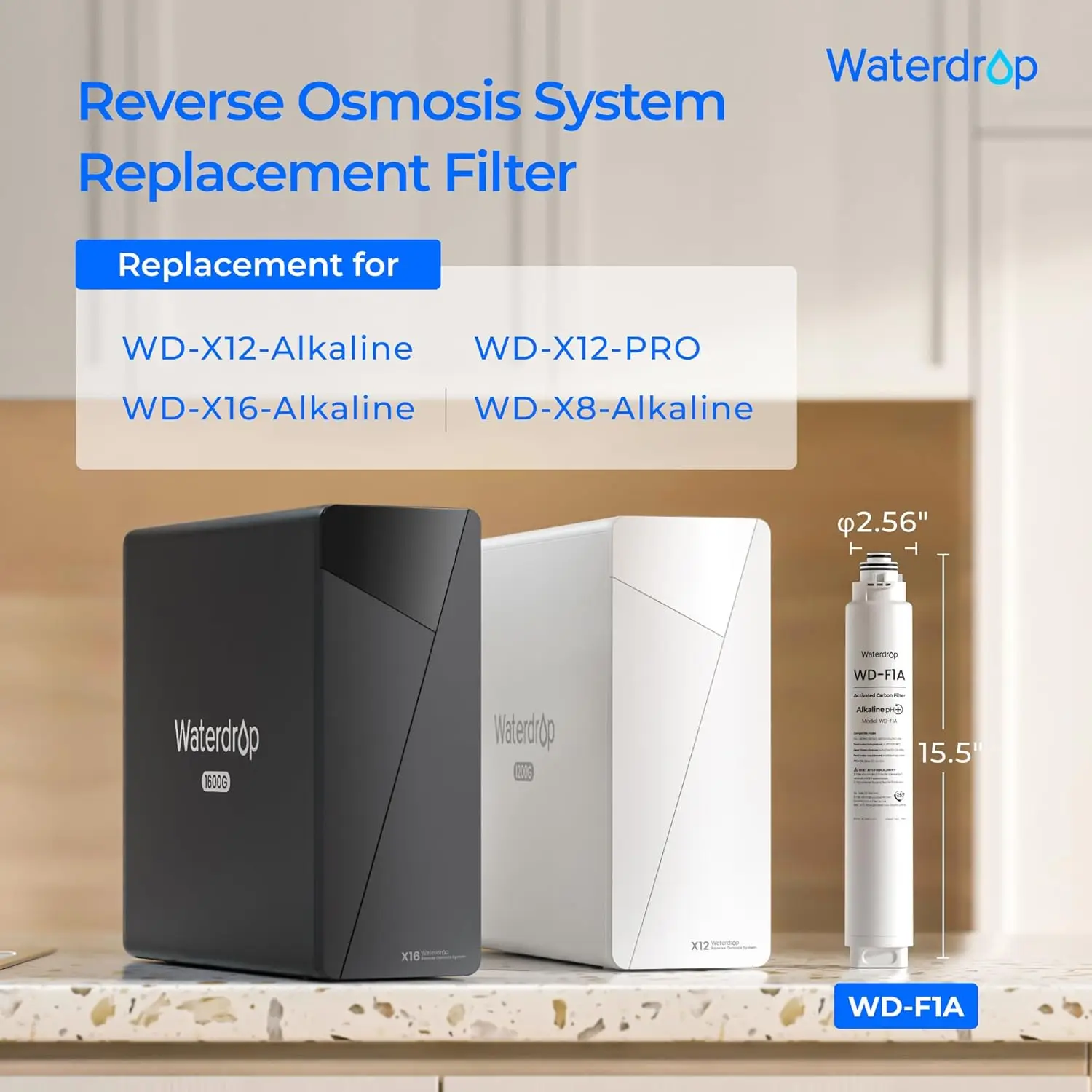 Waterdrop F1A Filter, Alkaline Mineral Added, 12-Month Lifetime | Replacement for X8-WAN & X12 & X12-WAB & X12-WAJ & X12-WAQ & X12-PRO & X16 & X16-BAS & X16-BAJ & X16-BAQ Tankless RO System